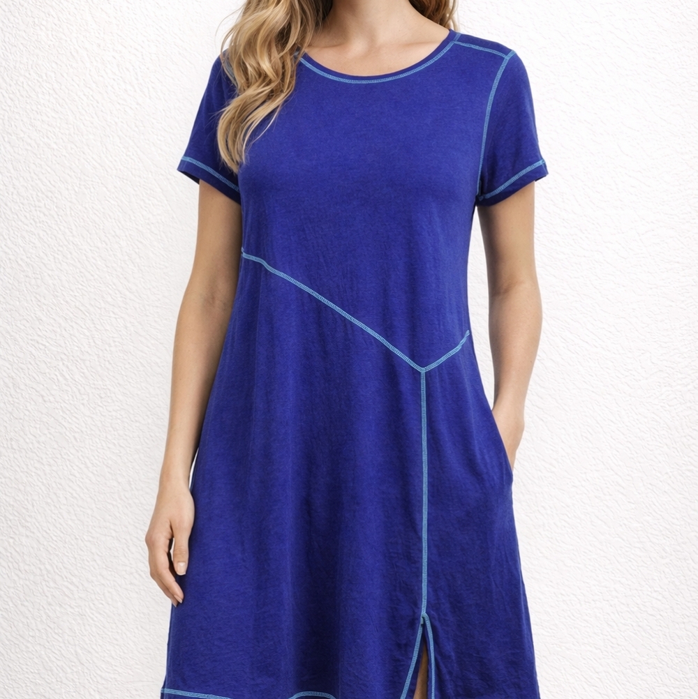 Soft Surroundings Dress Blue Soft Knit Assymetrical Topstitching Szl M Coastal